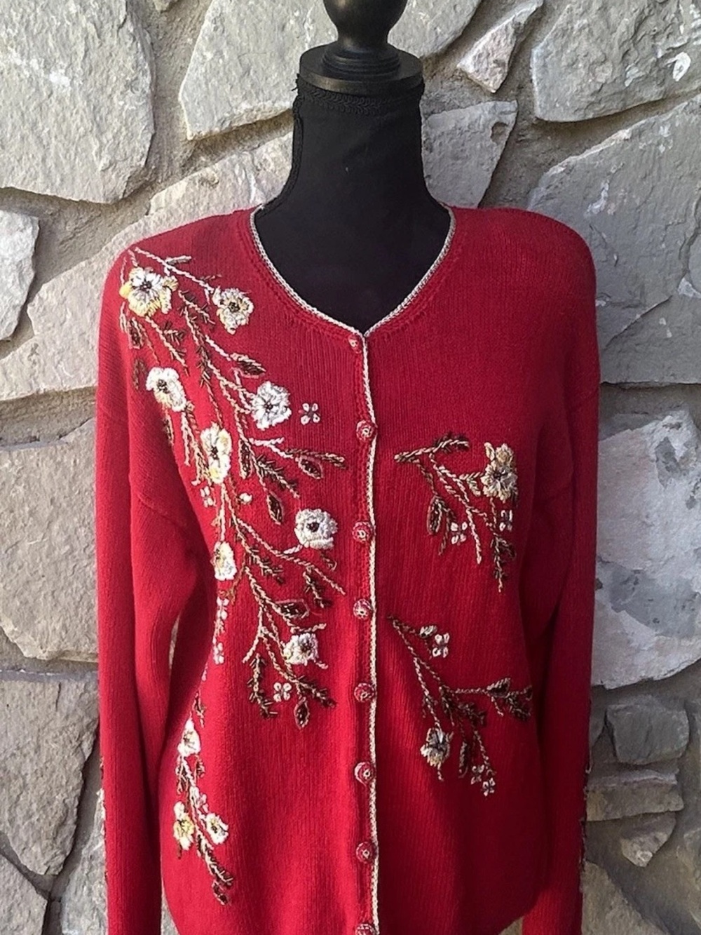 Vintage Carolina Colours Cardigan‎ Sweater Small Red Embroidered - Picture 2 of 12